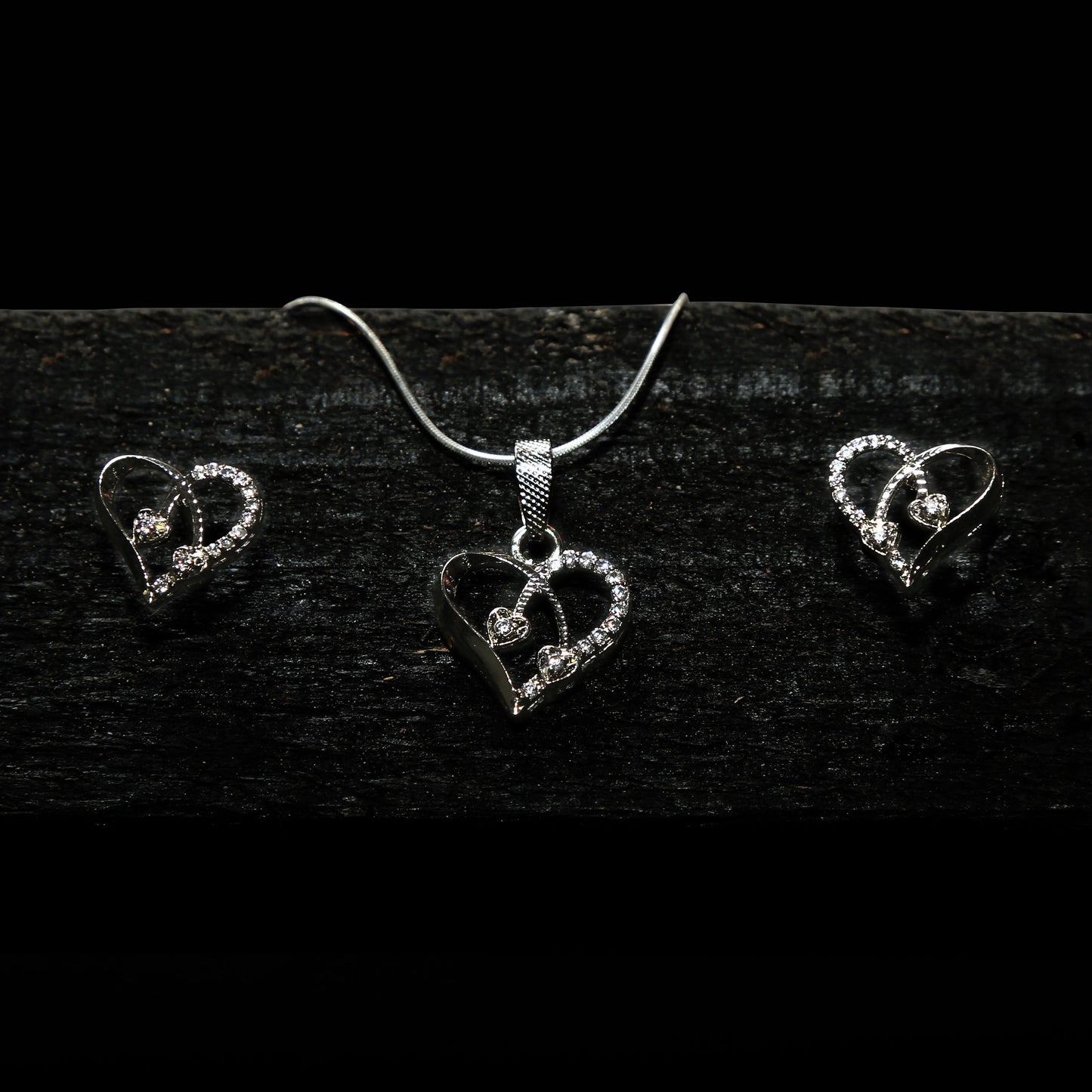 925 Silver (Chandi) Heart Shape Pendant Set with Earrings