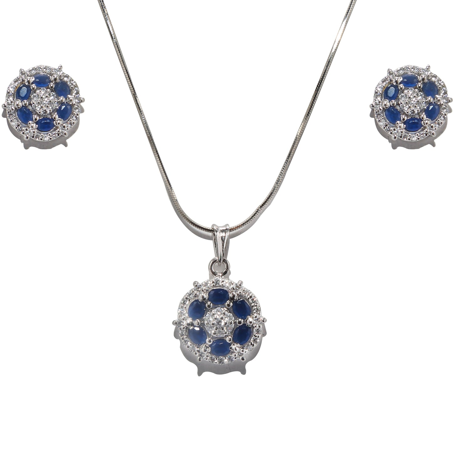 925 Silver (Chandi) Sterling Blue Gemstone Pendant Set with Earrings