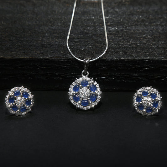 925 Silver (Chandi) Sterling Blue Gemstone Pendant Set with Earrings