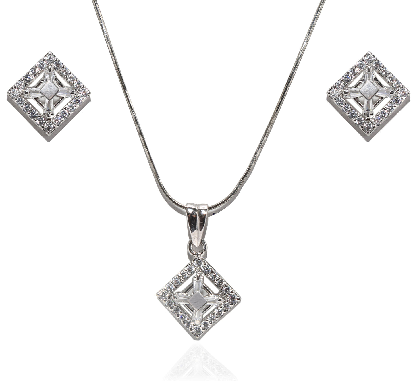 925 Silver (Chandi) Square Sparkle Jewelry Set – Pendant & Stud Earrings