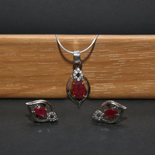 925 Silver (Chandi) Ruby Elegance Pendant & Earring Set with Crystal Accents