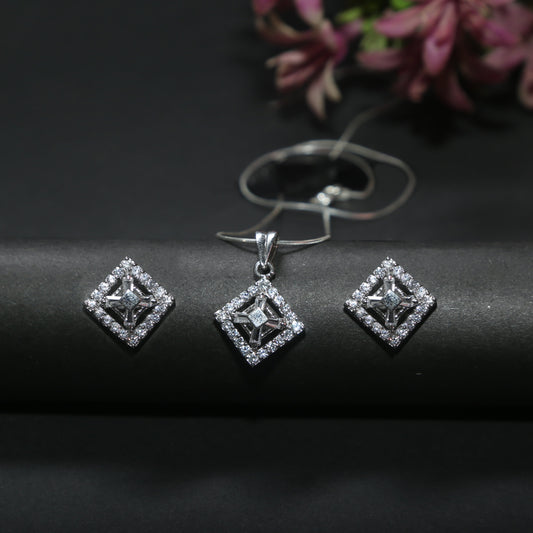 925 Silver (Chandi) Square Sparkle Jewelry Set – Pendant & Stud Earrings