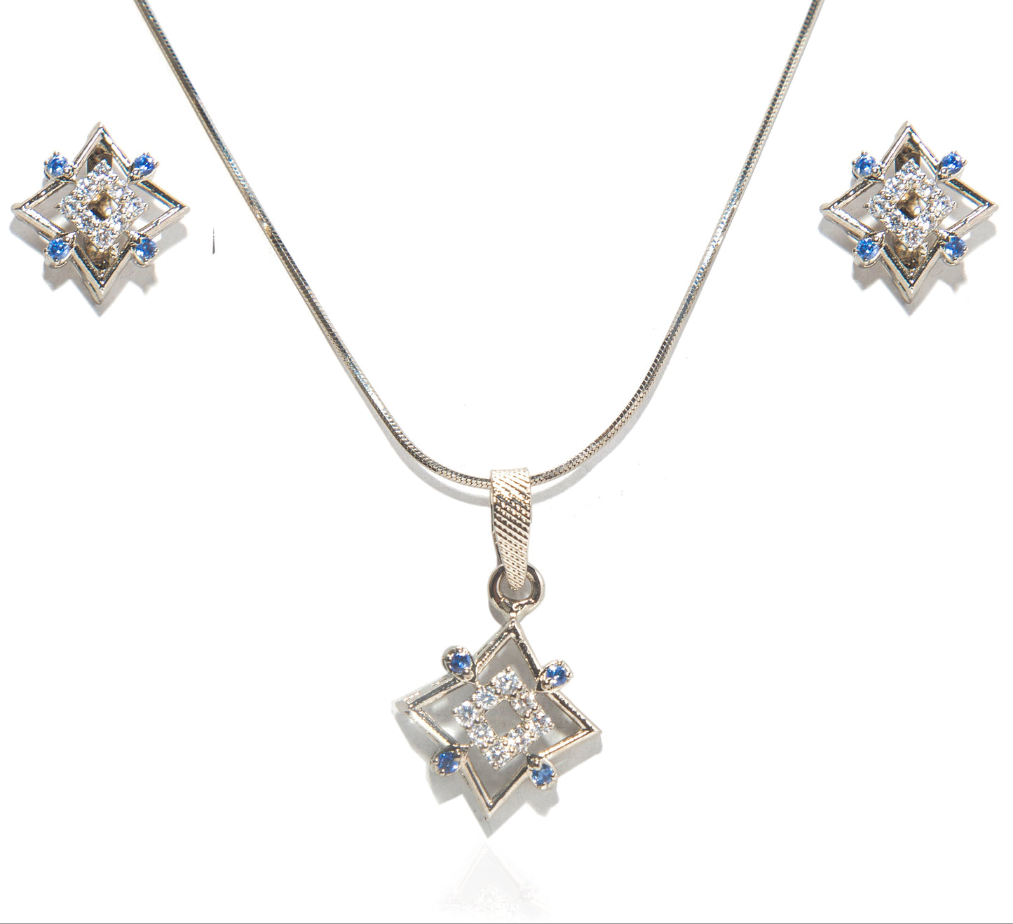 925  Silver (Chandi) Starburst Blue Gem Jewelry Set with Earrings