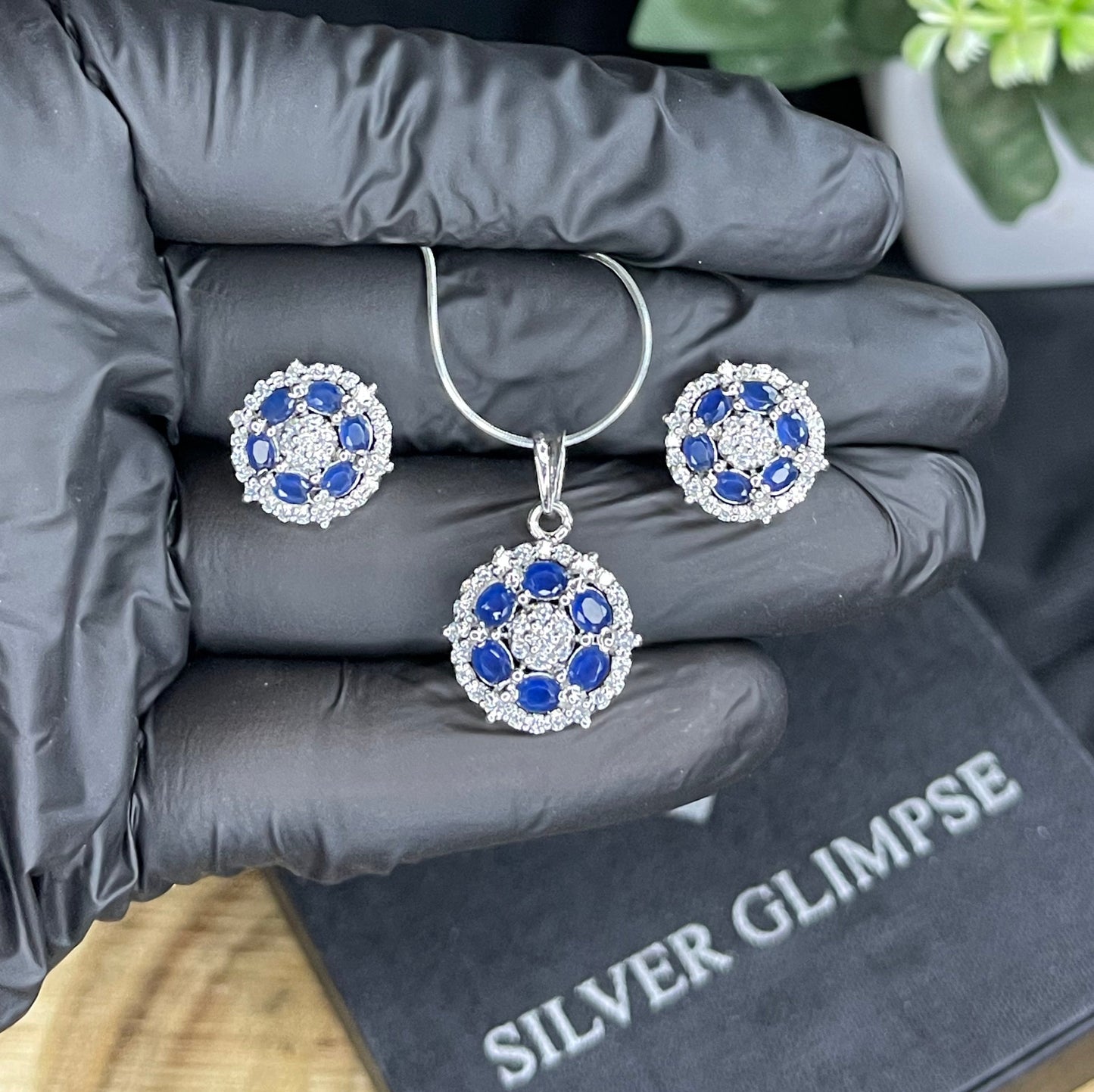 925 Silver (Chandi) Sterling Blue Gemstone Pendant Set with Earrings