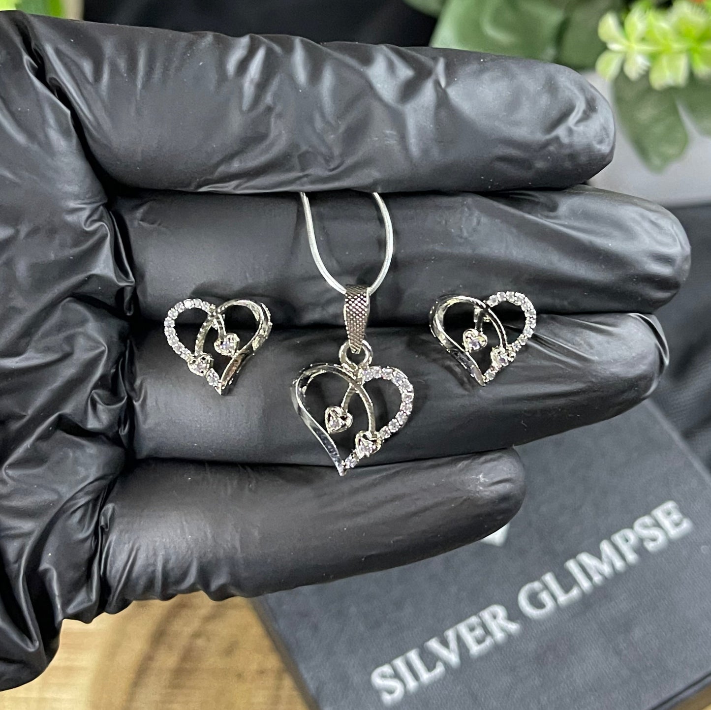 925 Silver (Chandi) Heart Shape Pendant Set with Earrings