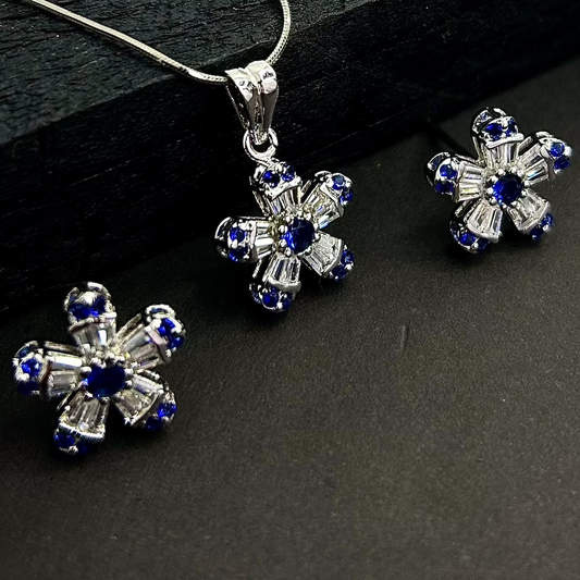 925 Silver (Chandi) Blue Gem Flower Jewelry Set - Pendant & Earrings