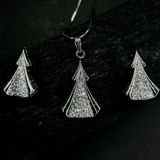 925 Silver (Chandi) Elegant Tree Pendant & Earring Set - Crystal Design